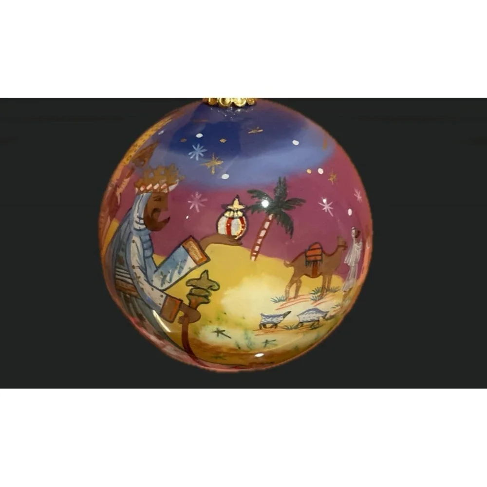 Vintage 2004 Pier 1 Li Bien Hand Painted Glass Christmas Ornament Bethlehem Deco